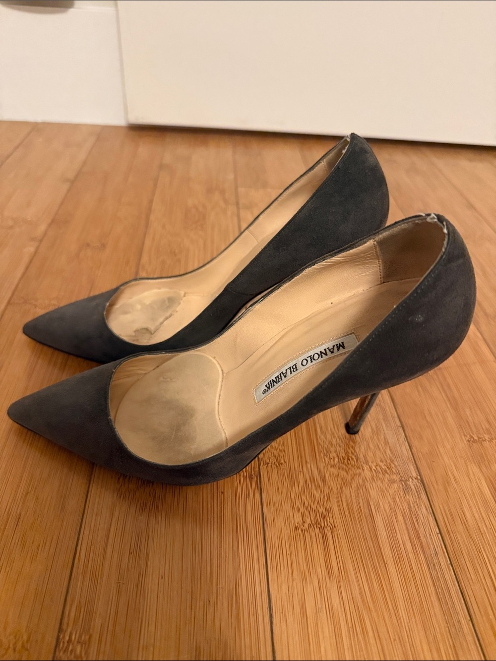 Manolo Blahnik Charcoal Suede Pointed-Toe Pumps